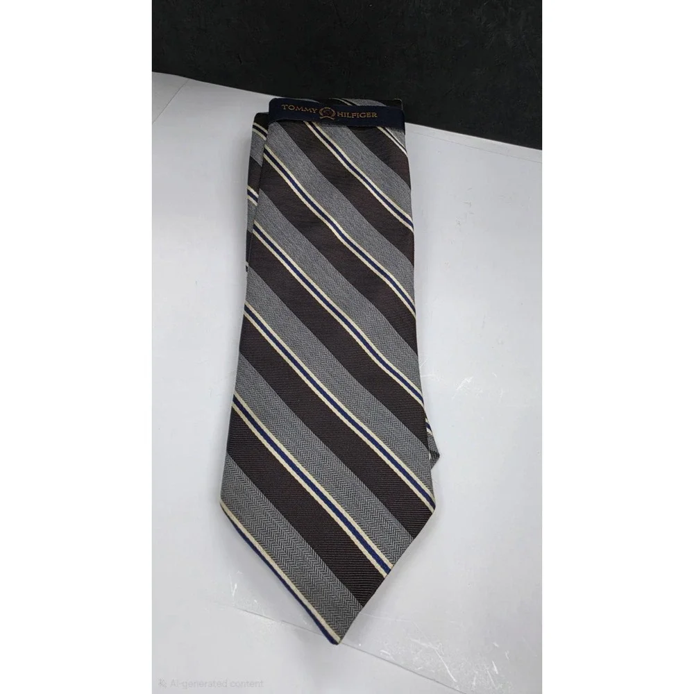 Tommy Hilfiger Brown Gray Stripe Men's Dress 100% Silk Tie Necktie New With Tag